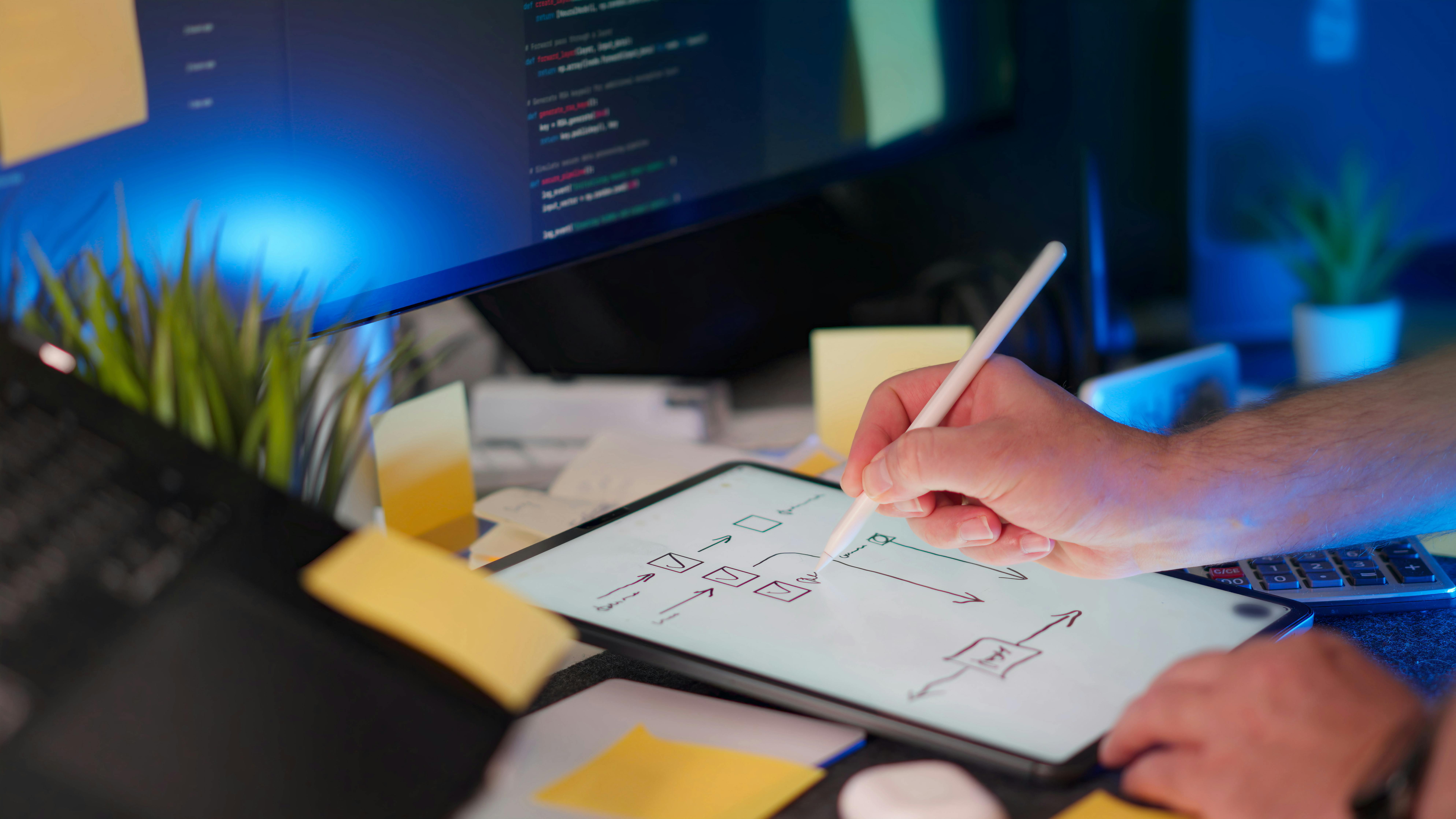Designer sketching a user flow on a tablet